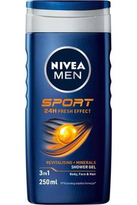 Nivea - Nivea Men Sports Duş Jeli 250 ml, 3ü 1 Arada Kullanım,Vücut, Yüz ve Saç, 24 Saat Ferahlık
