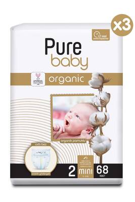 Pure Baby Organik Pamuklu Cırtlı Bez 3'lü Paket 2 Numara Mini 204 Adet