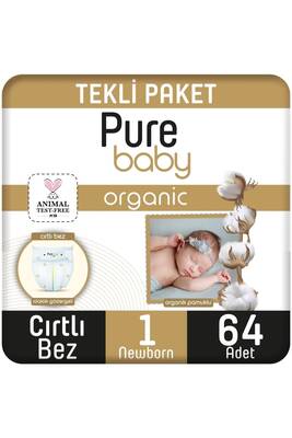 Pure Baby - Pure Baby Organik Pamuklu Cırtlı Bez Tekli Paket 1 Numara Yenidogan 64 Adet